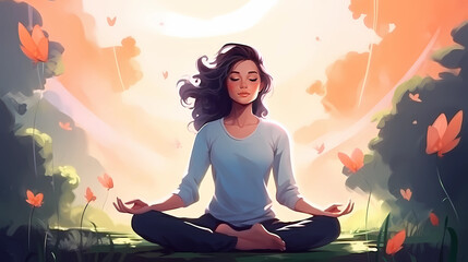  Illustration of a woman practicing meditation, yoga, relaxation in calm park, with tranquility, peaceful mind, well-being and serenity - Generated by Generative AI