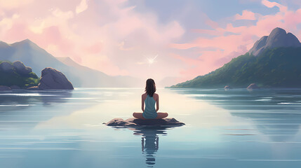  Illustration of a woman practicing meditation, yoga, relaxation in calm park, with tranquility, peaceful mind, well-being and serenity - Generated by Generative AI