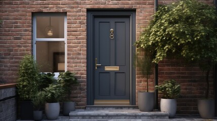  a front door of a brick building with potted plants and potted plants on either side of the door...