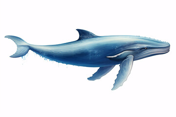 The lone blue whale stands out against the white backdrop.