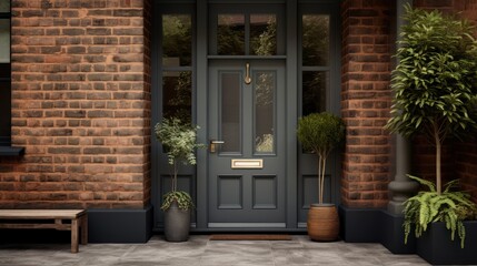  a front door of a brick building with potted plants on either side of the door and a bench on the other side of the front door of the building.