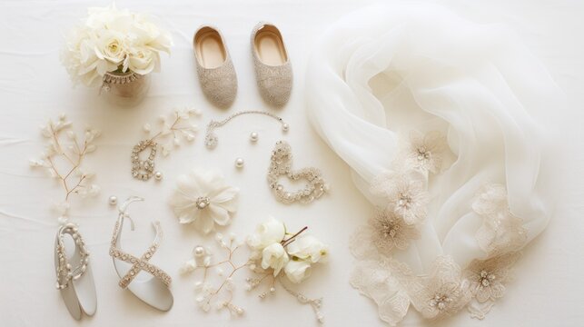 a white table topped with a bouquet of flowers next to a pair of shoes and a pair of shoes on top of a white table cloth covered with pearls and flowers.