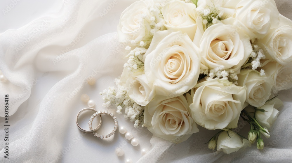 Poster a bouquet of white roses and two wedding rings on a bed of white fabric with pearls and pearls on th