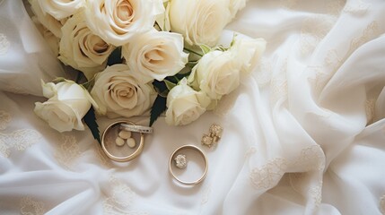  a bouquet of white roses sitting next to two wedding rings on a bed of white satin with a diamond ring on the bottom of the bouquet and two wedding rings.