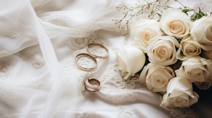  a bouquet of white roses and two wedding rings on a bed of white fabric with a bouquet of white roses and two wedding rings on the bed of white fabric.