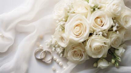  a bouquet of white roses and two wedding rings on a bed of white fabric with pearls and pearls on the end of the bouquet and a ring on the end of the bouquet. - obrazy, fototapety, plakaty