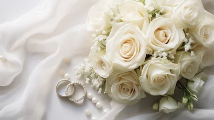 Foto op Plexiglas  a bouquet of white roses and two wedding rings on a bed of white fabric with pearls and pearls on the end of the bouquet and a ring on the end of the bouquet. © Anna