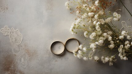  a couple of wedding rings sitting on top of a table next to a bunch of baby's breath flowers and a bouquet of baby's breathflowers.