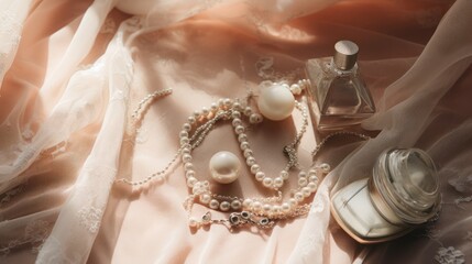  a necklace of pearls, a bottle of perfume, and a necklace of pearls are on a pink satin surface with a white lace curtain in the middle of the image. - obrazy, fototapety, plakaty