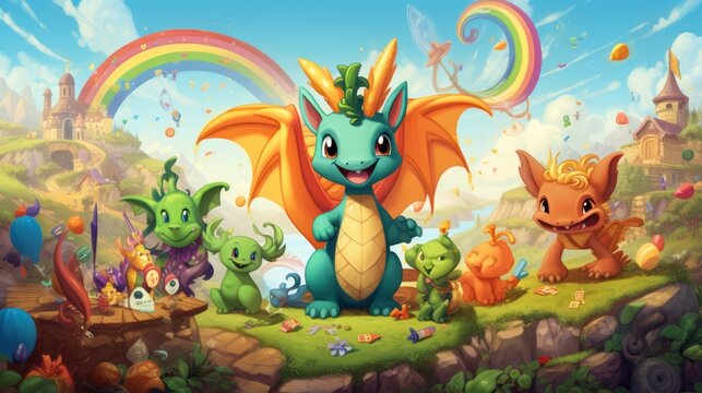  a cartoon picture of a dragon surrounded by many other small creatures and a rainbow in the sky in the background is a castle, a rainbow, a rainbow, and a few clouds, and a.