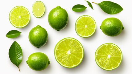 A spread of green lime slices on a bright white backdrop, viewed from above. - obrazy, fototapety, plakaty