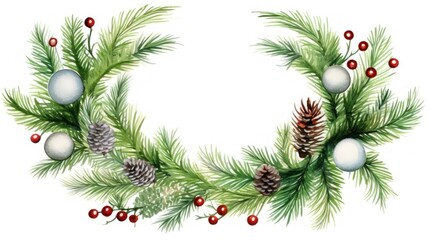  a watercolor drawing of a christmas wreath with pine cones, berries, and a pine cone on top of the wreath is surrounded by pine cones and red berries.