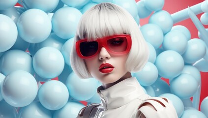 Futuristic woman with white bob hairstyle and sunglasses against a blue balloon backdrop, ideal for modern fashion. - obrazy, fototapety, plakaty