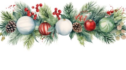 Obraz na płótnie Canvas a watercolor painting of a christmas garland with pine cones, holly, baubles, and baubles on a white background with red berries and pine cones.