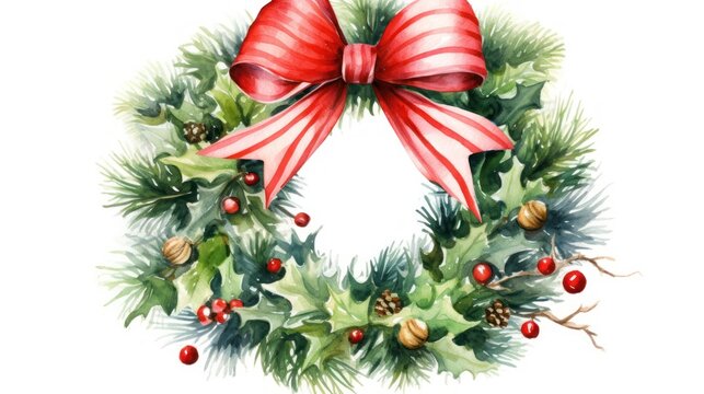  a watercolor painting of a christmas wreath with a red bow and holly wreath with pine cones, berries, and pine cones with a red ribbon on a white background.
