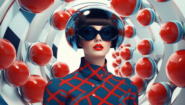 Futuristic woman with stylish outfit and spherical helmet, surrounded by red orbs, perfect for avant-garde fashion concepts.