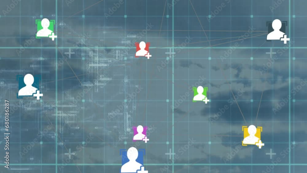 Poster animation of globe with connections and data processing over clouds