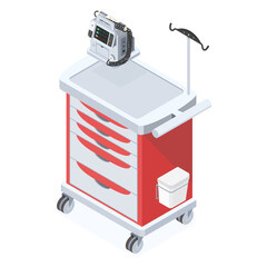 Emergency trolley, crash cart, emergency cart for hospital in isometric. Isolated objected. Vector. © Chira.Stock