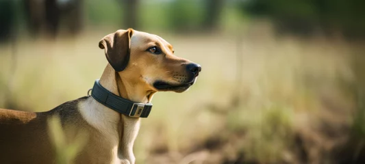 Deurstickers Tracking Device for Pet Collars, Application to find pet by identification chip. dog with a collar outdoors, a chip with a code when the animal is lost, carrying a GPS collar device © chiew