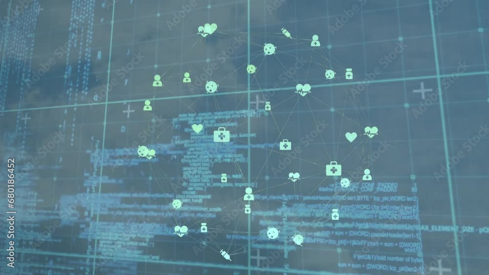 Poster animation of globe with connections and data processing over clouds