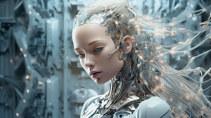 A woman's face combined with electronics. AI or artificial intelligence in the image of the robot's head. Cyborg with an electronic brain. Wires connected to the back of the robot woman's head