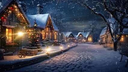 christmas decoration in the village in the snow with cartoon style. seamless looping time-lapse virtual video animation background.
- Powered by Adobe