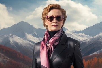 Naklejka premium Portrait of a content woman in her 50s wearing a professional suit jacket against a pristine snowy mountain. AI Generation