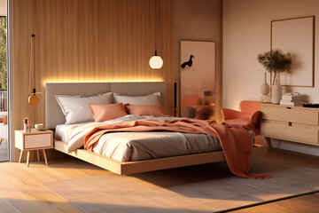 Cozy modern bedroom interior with warm lighting, comfortable bed