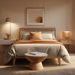 Cozy modern bedroom interior with warm lighting, elegant bed, hotel room