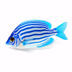 An isolated group of vibrant blue and white-striped Caesio Striata fish swim in the sea.