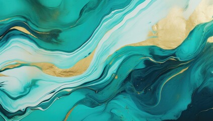 Swirling turquoise and gold marble texture, perfect for artistic backgrounds or elegant wallpaper designs.