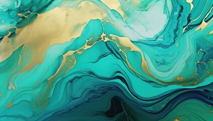 Swirling turquoise and gold marble texture, perfect for artistic backgrounds or elegant wallpaper designs.