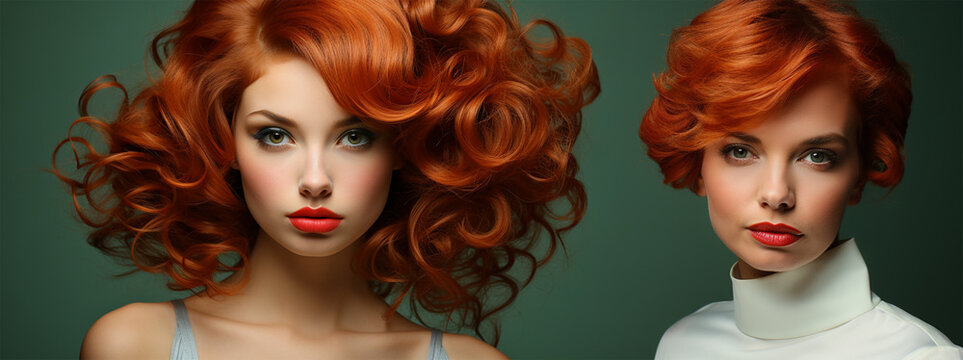 portrait of two young red-haired women with different hairstyles on a green background. banner,beauty and personal care salon concept