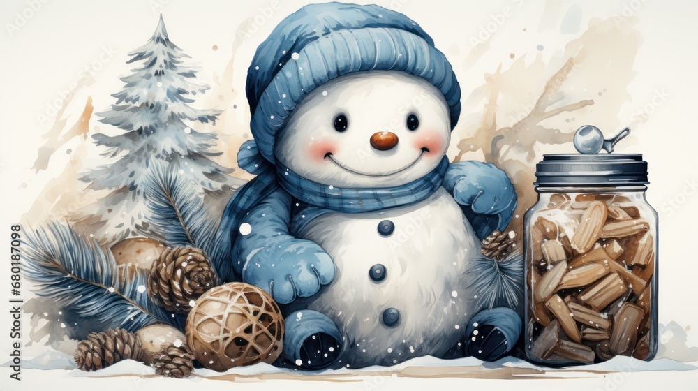 Poster a snowman with a blue hat and scarf next to a jar of wood chips and pine cones and a pine tree with 
