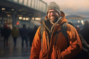 Portrait of a merry man in his 40s wearing a warm parka against a bustling airport terminal background. AI Generation
