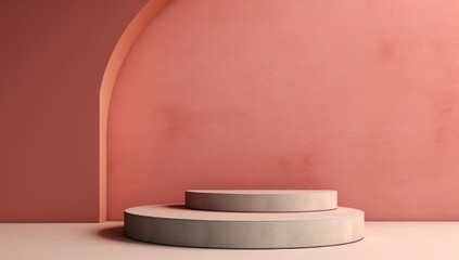 Minimalist terracotta podiums with arch backdrop, ideal for product display and contemporary design themes. - Powered by Adobe
