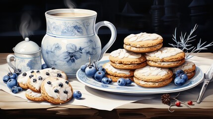  a painting of a plate of cookies and blueberries next to a cup of coffee and a teapot on a table with a white napkin and blue flowered cloth.