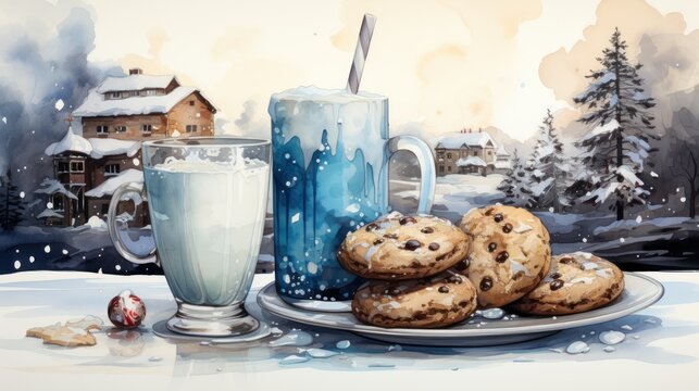  a painting of cookies and milk on a plate with a glass of milk and a cookie on a plate with a cookie on the plate and a house in the background.