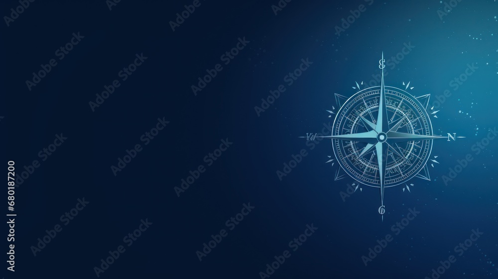 Poster a close up of a compass on a blue background with a blurry image of the world in the middle of the i