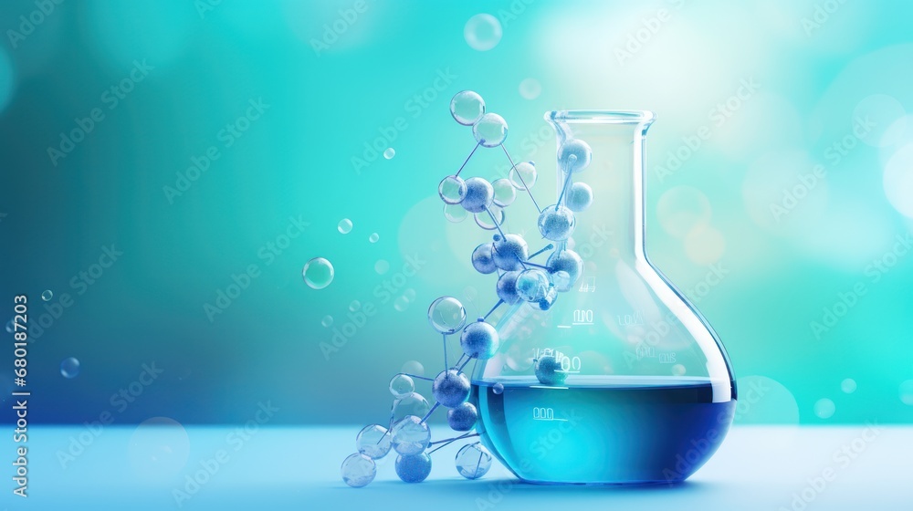 Poster a flask filled with blue liquid and a bunch of small white balls on the bottom of the flask, with a 
