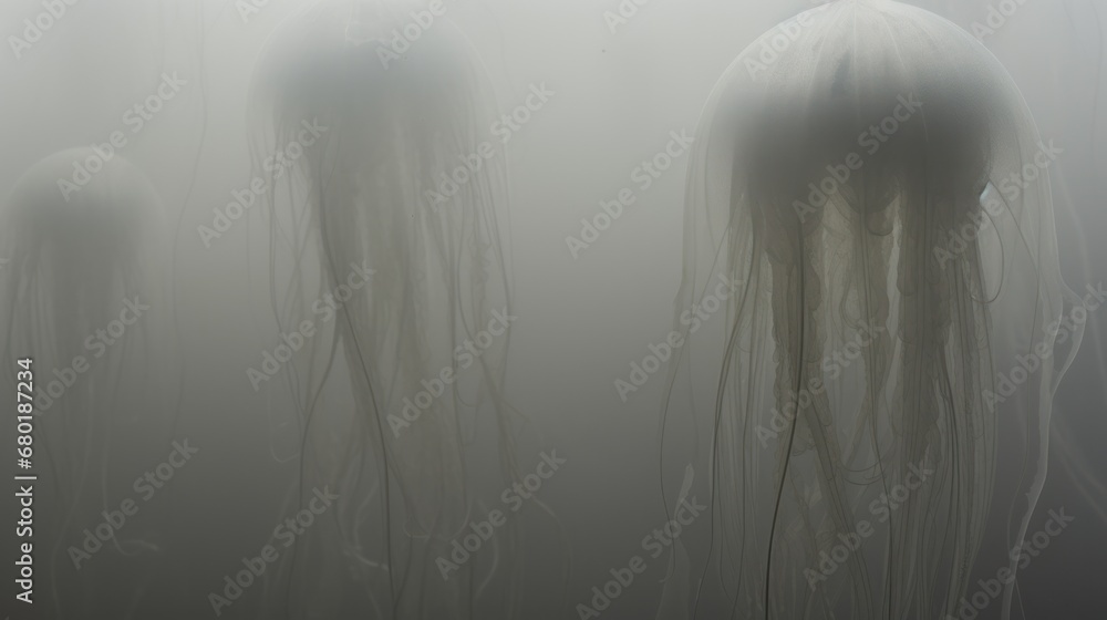 Poster a group of jellyfish floating in a foggy sea with their heads turned to look like they're floating i