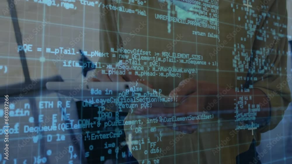 Poster animation of network of connections with data processing over caucasian businesswoman