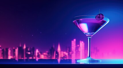  a purple and blue cocktail in a tall glass with a garnish on the rim in front of a cityscape with skyscrapers in the background at night.