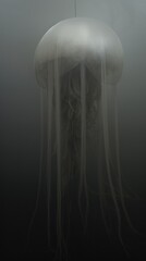  a black and white photo of a jellyfish in a foggy sea with a flag on it's head and a black and white flag on the back of it's head.