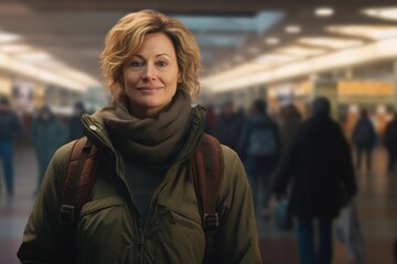 Fototapeta premium Portrait of a blissful woman in her 50s donning a durable down jacket against a bustling airport terminal background. AI Generation