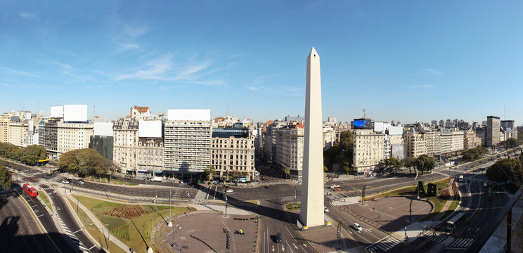 Panoramic aerial view of Buenos Aires City from the iconic obelisk on 9 de Julio Avenue.