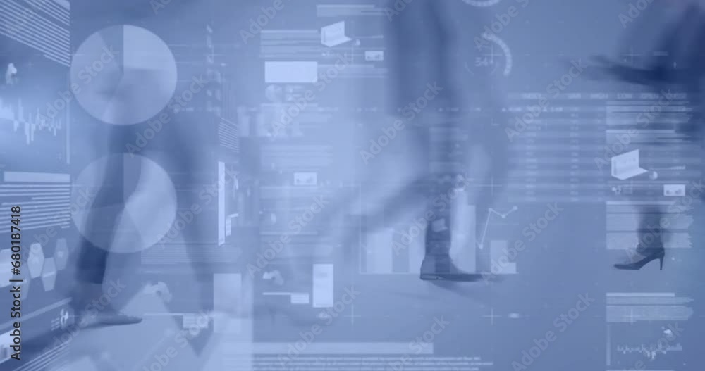 Poster animation of financial data processing over business people walking