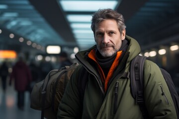 Portrait of a content man in his 50s donning a durable down jacket against a bustling airport terminal. AI Generation