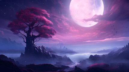 a purple moon and pink tree near a purple landscape, in the style of innovative page design, synthwave, ue5, detailed crowd scenes, monochromatic graphic design, cloudcore, arthur hacker - obrazy, fototapety, plakaty
