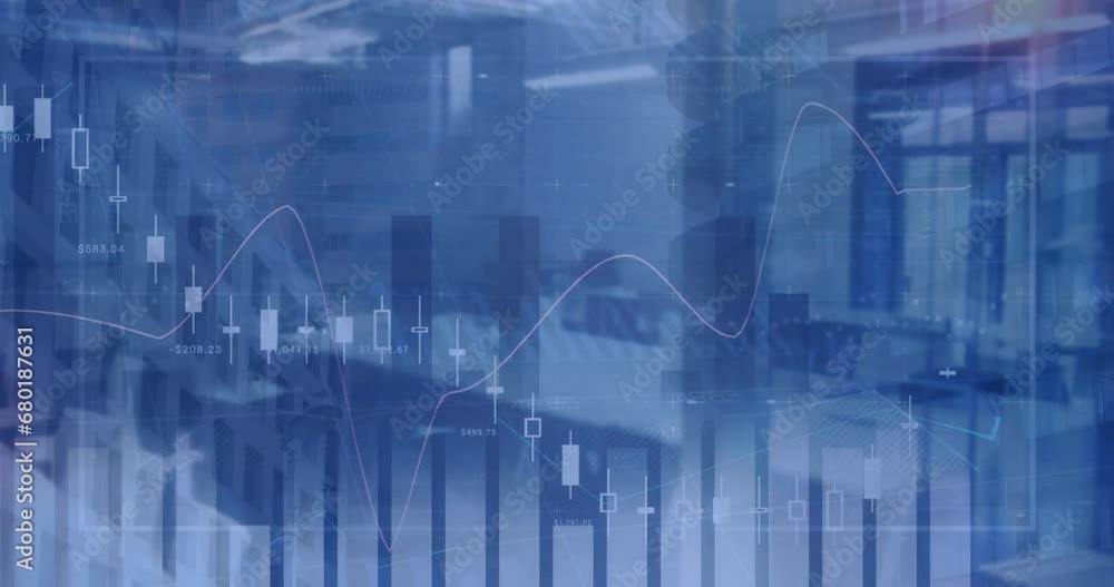 Poster animation of financial data processing over empty office